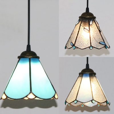 Conical Shade Pendant Lamp 1 Light Tiffany Style Blue Clear Blue Clear