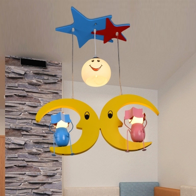 Cute Colorful LED Pendant Light Mood Child 3 Heads Wood Hanging Lamp for Boy Girl Bedroom