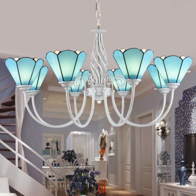 Dining Room Cone Chandelier Glass 8 Lights Mediterranean Style Blue Hanging Light