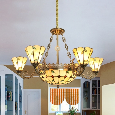 Dining Room Dome Cone Pendant Lamp with Leaf Decoration Stained Glass 7 Lights Antique Style Chandelier