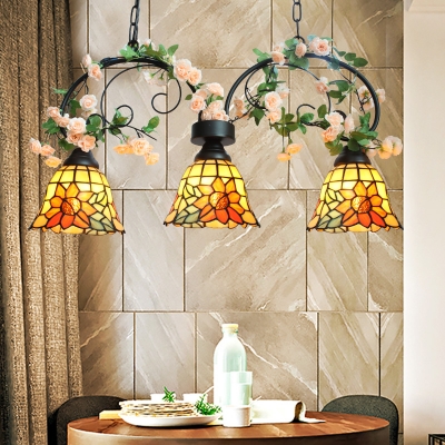 Flower Pendant Lighting 3 Lights Rustic Stained Glass Chandelier for Restaurant Coffee Shop