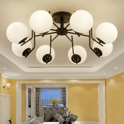 Frosted Glass Globe Semi Ceiling Mount Light Dining Room 3/5/6/8 Lights Modern Ceiling Lamp in White