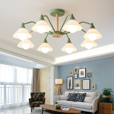 Glass Conical Ceiling Light 8 Lights Simple Style Chandelier in Macaron Black/Gray/Green for Living Room
