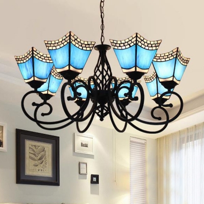 Glass Craftsman Pendant Lamp Living Room 8 Lights Tiffany Style Nautical Chandelier in Blue