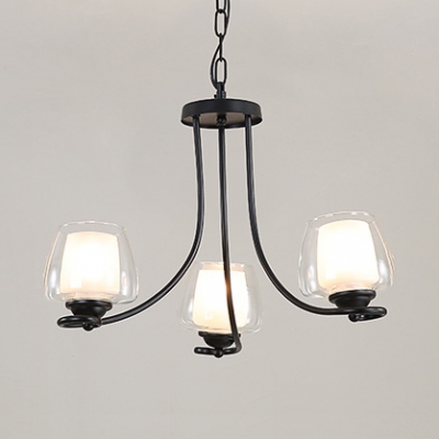 Glass Cup Shade Suspension Light 3/6/8 Lights American Rustic Hanging Light in Black for Study Room