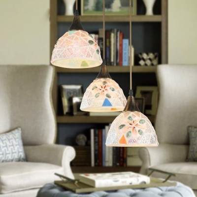 Glass Domed Shape Ceiling Light 3 Heads Tiffany Stylish Suspension Light in White for Study Room