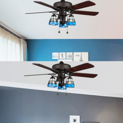 Glass Lattice Bowl Ceiling Light Dining Room 3 Lights Retro Loft Remote Control Ceiling Fan with 5 Blade