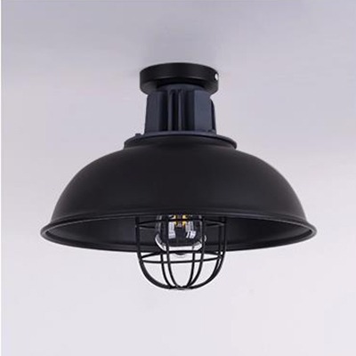 Vintage Style Dome Semi Flush Mount Light Metal 1 Head Black Ceiling Light with Bulb Cage for Factory