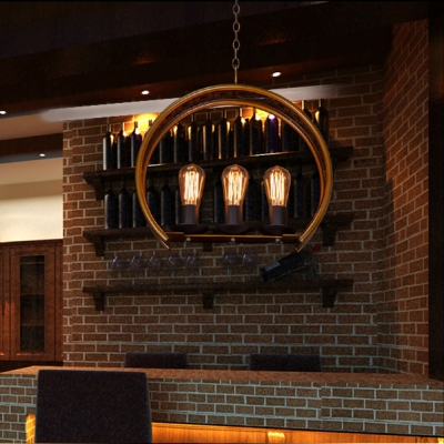 Industrial Edison Bulb Chandelier 3 Lights Wrought Iron Pendant Lamp in Brass for Corridor Foyer