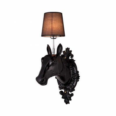 Living Room Tapered Shade Wall Light with Horse Resin 1 Light Rustic Black/Gold/White Sconce Light