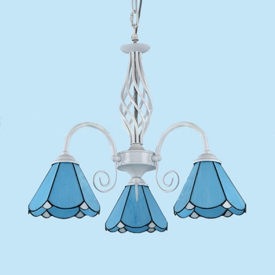 Mediterranean Style Cone Chandelier Glass 3 Lights Blue Pendant Lighting for Bedroom Study Room