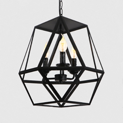 Metal Candle Suspension Light with Cage 3 Lights Colonial Style Pendant Light in Black for Bar