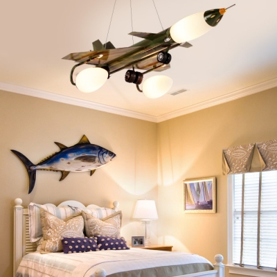 Metal Fighter Aircraft Chandelier Modern Blue/Green Camouflage Pendant Lamp for Child Bedroom