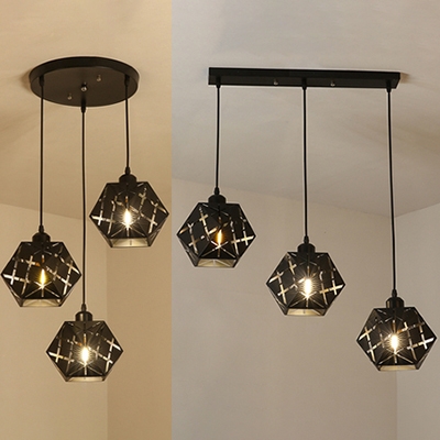 Metal Hexagonal Suspension Light Bedroom 3 Lights Modern Linear/Round Canopy Pendant Lamp in Black