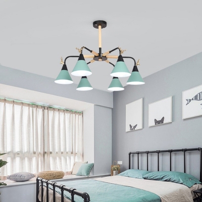 Modern Conical Chandelier Metal 6 Lights Macaron Color Pendant Lighting for Adult Kid Bedroom