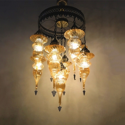 Restaurant Curved Shade Chandelier Wrought Iron 9 Lights Antique Style Brass Hanging Light