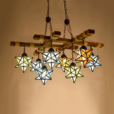 Restaurant Star Shade Suspension Light Stained Glass 6/8 Lights Tiffany Style Rustic Chandelier