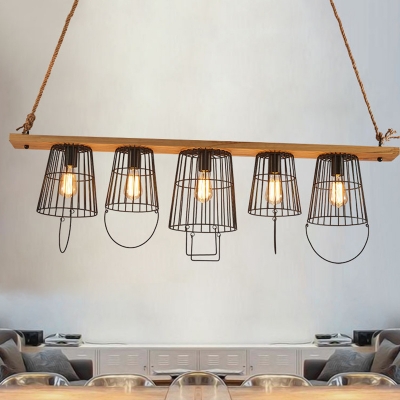 Retro Loft Bucket Caged Island Pendant Edison Bulb 5 Lights Black Island Light for Restaurant Cafe