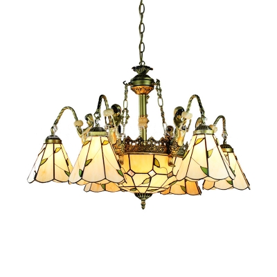 Rustic Cone Dome Chandelier with Mermaid 9/11 Lights Glass Pendant Lamps in Beige for Living Room