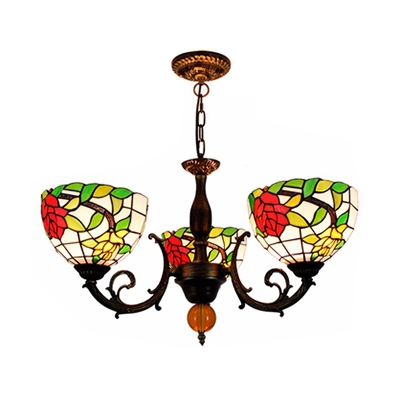 Rustic Style Hanging Light with Flower 3 Heads Stained Glass Chandelier for Dining Room