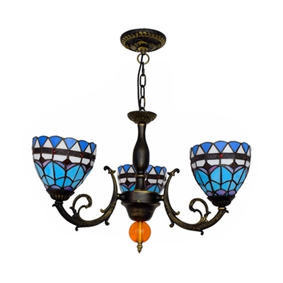 Stained Glass Bowl Chandelier 3 Lights Mediterranean Style Hanging Light in Blue for Foyer