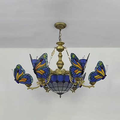 Stained Glass Butterfly Pendant Lamp 7 Lights Tiffany Style Chandelier for Restaurant Hotel