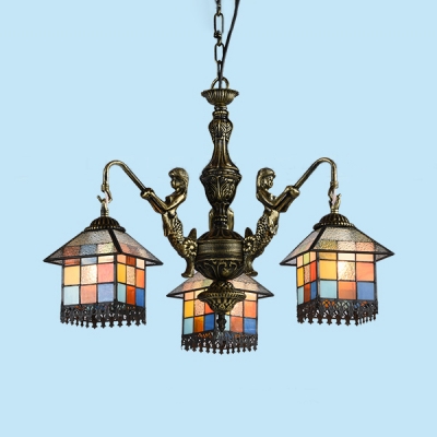 Stained Glass House Chandelier with Mermaid 3 Lights Tiffany Style Vintage Pendant Light for Balcony