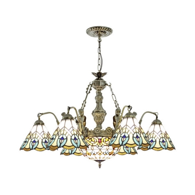 Stained Glass Peacock Tail Chandelier 7 Lights Vintage Style Hanging Lamp with Mermaid for Hotel