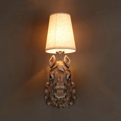 Tapered Shade Restaurant Wall Sconce with Horse Decoration Resin 1 Light Rustic Style Sconce Lamp