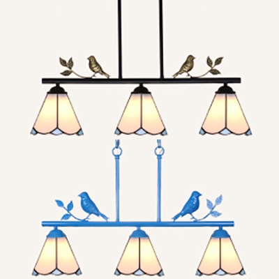 Tiffany Style Black/Blue Chandelier Cone 3 Lights Glass Pendant Lighting with Bird for Balcony