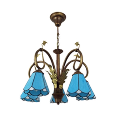 Tiffany Style Cone Chandelier Glass 5 Lights Blue Pendant Lighting with Leaf for Dining Room
