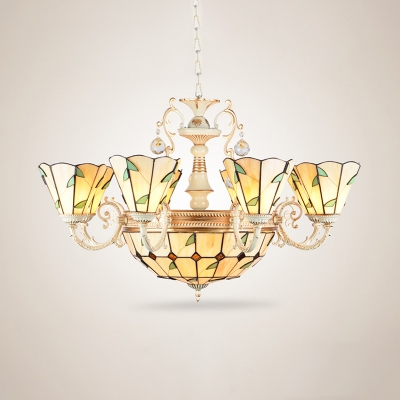 Tiffany Style Rustic Pendant Light Dome & Cone 9/11 Heads Glass Engraved Chandelier with Leaf for Villa