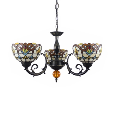 Tiffany Style Victorian Chandelier Dome Shade 3 Lights Stained Glass Hanging Light for Hallway