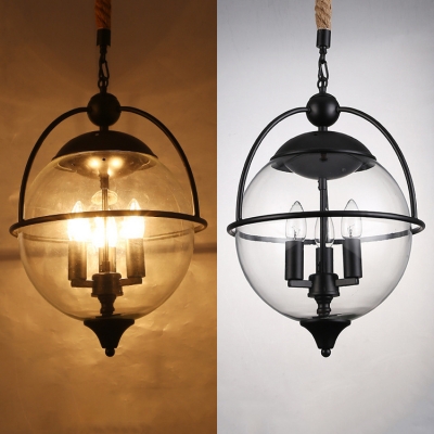 Traditional Black Pendant Light with Globe Shade Candle 3 Lights Metal Chandelier for Villa