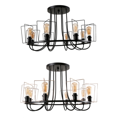 Villa Round Semi Flush Mount Light Metal 8 Lights American Rustic Ceiling Lamp in Black/Black & Gold