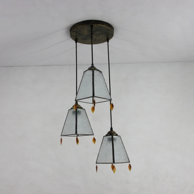 Vintage Aged Brass Hanging Light Trapezoid Shade 3 Lights Glass Suspension Light with Crystal for Bar