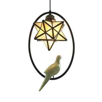 Vintage Star Pendant Light with Resin Bird Glass 1 Light Black Suspension Light for Balcony