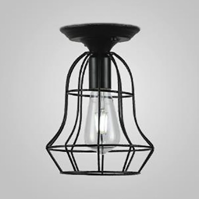 Wire Frame Porch Ceiling Mount Light Metal One Light Industrial Stylish Ceiling Lamp in Black