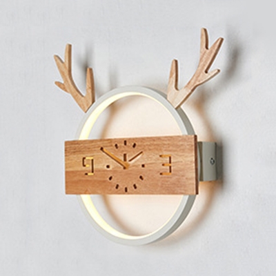 Wood Antlers Clock Wall Light Modern Macaron Colored LED Ceiling Lamp in Warm White/White for Bedroom