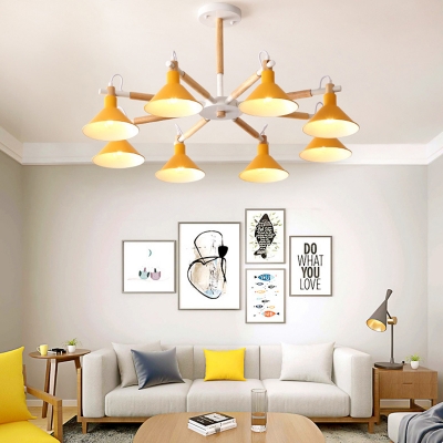 Wood Cone Chandelier 8 Lights Contemporary Suspension Light with Macaron Color for Living Room