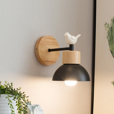 Wood Metal Dome Wall Light 1 Light Rustic Style Sconce Light with Bird in Black/White for Kids Bedroom