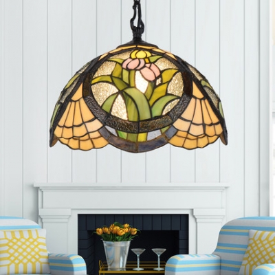 1 Light Rose/Leaf/Tulip Pendant Lamp Tiffany Vintage Stained Glass Ceiling Light for Bedroom