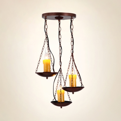 3 Lights Candle Hanging Lamp Industrial Metal Pendant Light with Chain in Rust for Cafe Restaurant