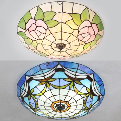 4 Heads Bowl Flush Ceiling Light Rustic Stylish Stained Glass Ceiling Lamp in Blue/Pink for Study Room
