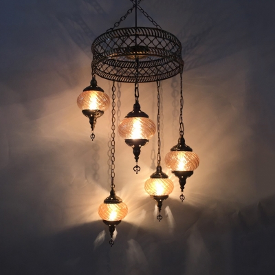 5 Lights Lantern Chandelier Vintage Style Swirl Glass Ceiling Pendant in Amber for Restaurant