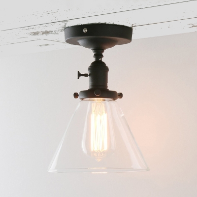 Clear Glass Funnel Shade Flush Light 1 Light Industrial Ceiling Light in Black for Shop Bar