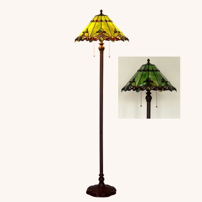 17.5 Inch Vintage Cone Floor Lamp 2 Lights Stained Glass Standing Light in Green/Red/White for Study Room
