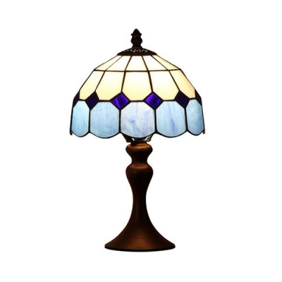 Tiffany Grid Dome Desk Light 1 Light Art Glass Blue/Orange Table Light with White/Brown Body for Bedroom