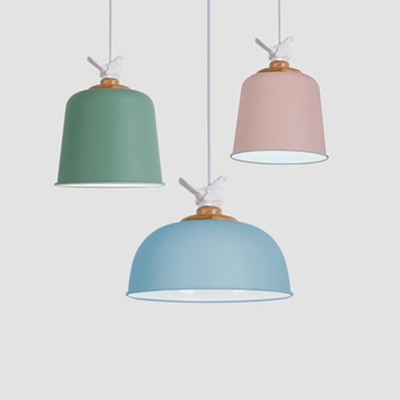 Bell/Dome Bedroom Hanging Light with Bird Metal 1 Light Modern Nordic Pendant Light in Blue/Green/Pink