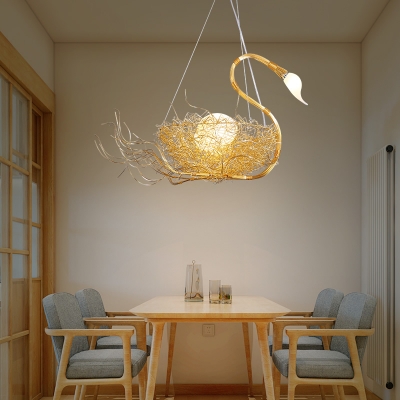 Gold Nest Suspension Light with Egg 3 Lights Rustic Metal Chandelier for Kid Bedroom Restaurant